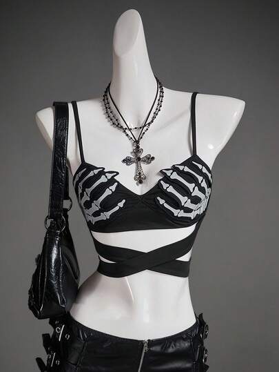 SHEIN ICON 女士万圣节骷髅手反光胸前印花紧身吊带背心性感镂空