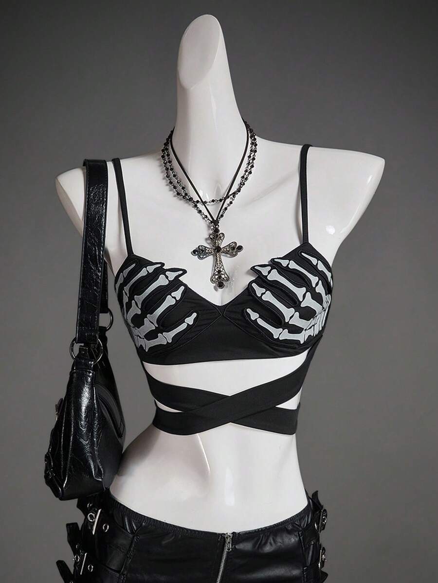 SHEIN ICON Women's Halloween Skeleton Hand Reflective Chest Print Bodycon Camisole Sexy Hollow Out,Black Tops - Black - View 1