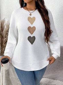 EMERY ROSE Casual Minimalist Brown Hand-Painted Heart Graphic Print Round Neck Plaid Comfortable White Sweatshirt With Curved Hemline Side Slit Design, Suitable For Autumn/Winter,Fall - Multicolor - View 6