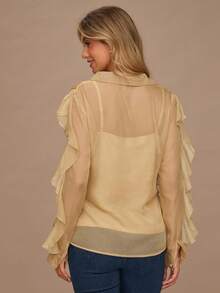 Enchnt 女式纯色荷叶边纽扣半襟长袖时尚衬衫 - 卡其色 - 查看 6