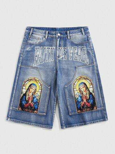 Street Life Pantalones vaqueros de moda casual para hombres con estampado de patrones creativos y presillas para cinturón, para verano