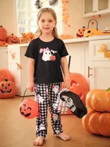 طقم بيجامة قصير الأكمام وبنطال مطبوع بالقرع لفتاة في عيد الهالوين - متعدد الألوان - مشاهدة 4