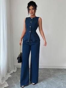 Elenzga Women's Denim Sleeveless Button Waist Vest And Pants Set - Dark Wash - View 4
