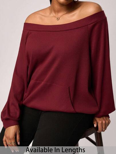 SHEIN Tall CURVE Christmas Plus Size Solid Color Off Shoulder Long Sleeve Minimalist Sweatshirt, Casual Everyday Wear,Airport In Fall/Winter