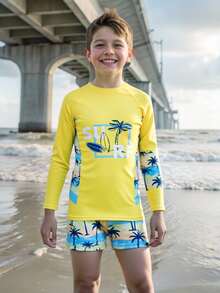 SHEIN 2pcs/Set Tween Boy Tropical Holiday Print Swimsuit - Short Sleeve Top + Shorts, Suitable For Vacation And Pool Play Summer Holiday