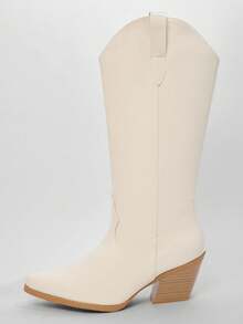 Solezae #WesternClassic Women's Snip Toe Mid Block Heel Premium Oil-Finish Vegan Leather Beige Side Zipper Cowboy Boots – Sleek Silhouette With Timeless Rodeo Appeal