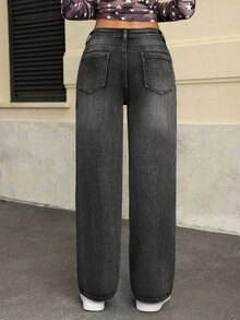 Jeanoix 休闲水洗直筒牛仔裤 - 黑色 - 查看 2