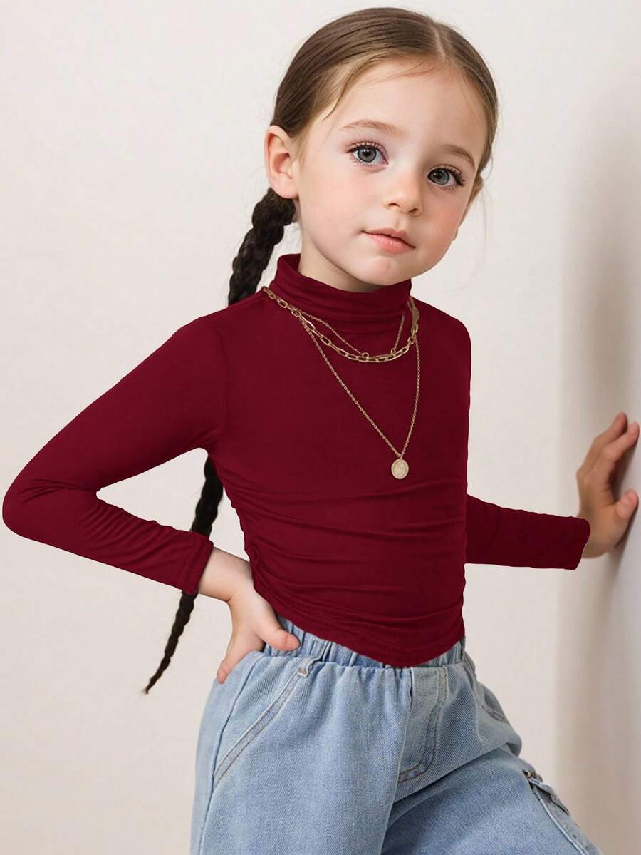 Young Girl Black Mock Neck Ruched Basics Solid Color Knit Tee,Great For Casual & Daily Wear & School Daily In Autumn & Winter Fall - Burgundy - View 1