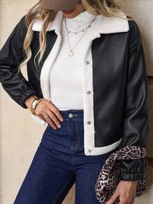 SHEIN Clasi Jachetă casual din fleece cu umeri căzuți, cu nasturi, pentru femei, toamnă/iarnă - Negru - Vizualizare 3