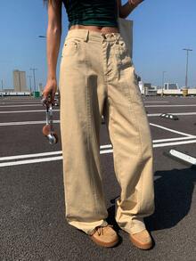 Livesso Women's Solid Color Loose Casual Jeans With Decorative Topstitching