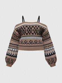 ROMWE Kawaii Plus Size Avant Vintage Geometric Abstract Fair Isle Pattern Fuzzy Plus Size Off-Shoulder Sweater, Retro Street Style Loose Fit Fair Isle Knit Pullover For Autumn/Winter, Plus Size Casual Fashion Women Clothing, Y2K Vintage Inspired Plus Size Women Sweater With Fair Isle Pattern For Holiday Party, Christmas Party, Elegant Plus Size Ladies Knitwear - Multicolor - View 2