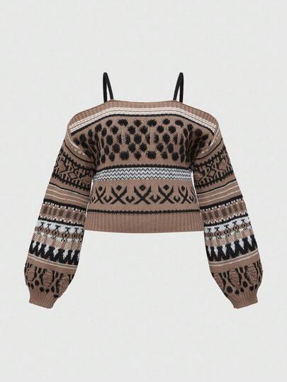 Kawaii Suéter holgado de punto con estampado geométrico abstracto de estilo Fair Isle, de talla grande, con hombros descubiertos, de estilo retro callejero, para otoño/invierno, moda casual de talla grande para mujeres, inspirado en el estilo vintage Y2K de talla grande con estampado Fair Isle para fiestas navideñas y de vacaciones, elegante ropa de punto de talla grande para mujeres