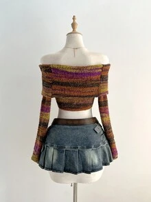 Elamini 1pc Sexy Off-Shoulder Ombre Short Knitted Long Sleeve Sweater For Women