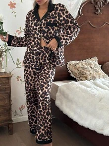 SHEIN Women's Leopard Print Contrast Color Patchwork Lapel Long Sleeve Top & Pants Pajama Set, Fall Winter Clothes - Multicolor - View 3