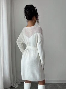 Elenzga 镂空拼布宽松系带女针织连衣裙 - 白色 - 查看 2