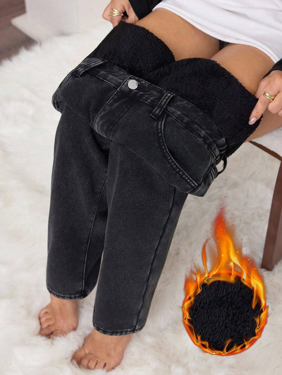 SHEIN PETITE Autumn/Winter Women's Casual Commuting Simple Solid Color High Waist Fleece Lined Skinny Jeans