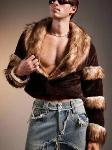 FeverCity Herren Lässige flauschige Fake-Pelz Kragen Langarm Jacke, Winter - Kaffeebraun - Übersicht 7