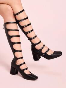 CUCCOO DOLLMOD Women's Square Toe Chunky Heel Fashion Tall Boots, Black Leather With Strap Decor For Christmas Spring Shoes - Black - View 1