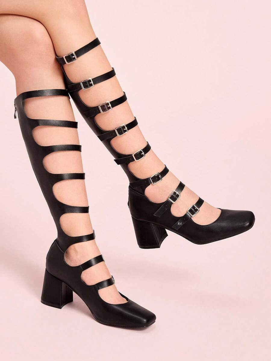 CUCCOO DOLLMOD Women's Square Toe Chunky Heel Fashion Tall Boots, Black Leather With Strap Decor For Christmas Spring Shoes - Black - View 1