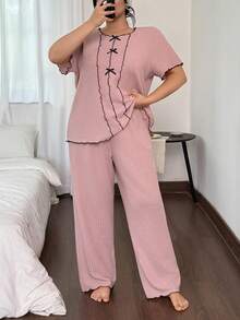 Dream Adore Côtesoire Casual Romantic Pink Decorative Overlock Stitching Design Thin Waffle Knit Texture Fabric Plus Size Homewear Short Sleeve Top And Pants Set - Pink - View 3