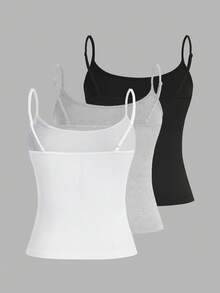 SHEIN EZwear 3件套加大码女士休闲紧身吊带背心，适合秋季穿着，女士秋装细肩带背心套装，3件装，女士吊带背心，女士细肩带背心 - 彩色 - 查看 2