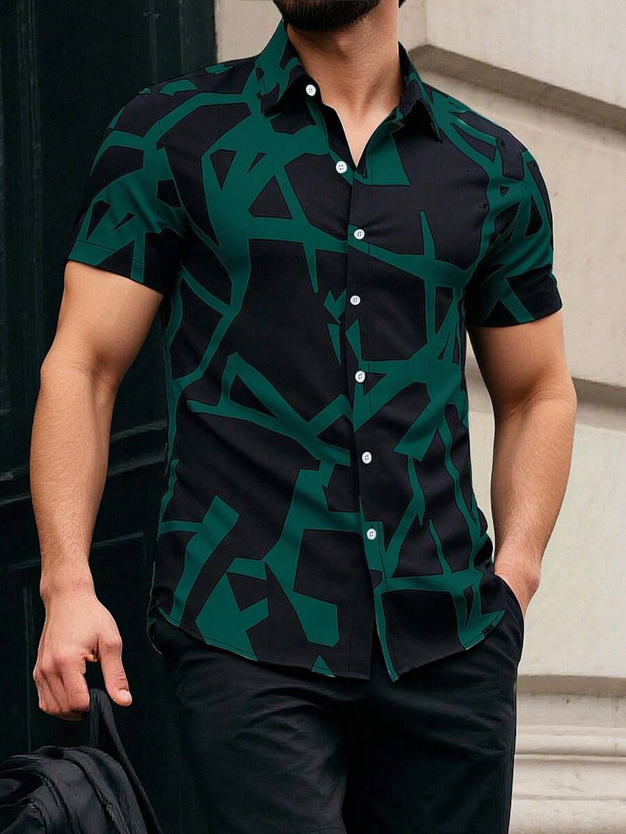 Manfinity Homme 男士休闲度假风格全印花短袖衬衫,夏季 - 彩色 - 查看 1