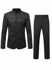 Manfinity Homme 男士花卉提花长袖单排扣西装外套和裤子套装 - 黑色 - 查看 1