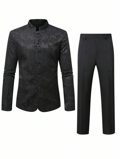 Manfinity Homme 男士花卉提花长袖单排扣西装外套和裤子套装