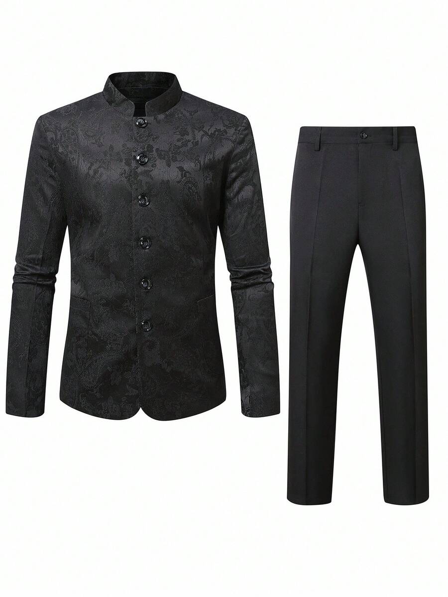 Manfinity Homme 男士花卉提花长袖单排扣西装外套和裤子套装 - 黑色 - 查看 1