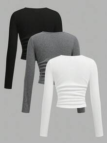 SHEIN 3pcs Tween Girls White Solid Color Ribbed Tight Tops,Pleated Long Sleeve T-Shirt Set For Back-To-School,Autumn Casual School Fall Winter Crop Tops - Multicolor - View 2