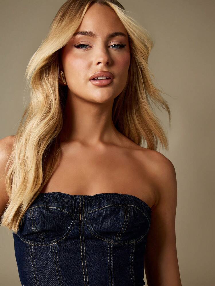 MISSGUIDED Indigo Denim Strapless Corset Top With Lace Up Back Detail Bustier Style Crop Top