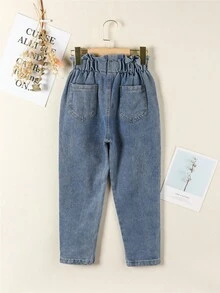 Tween Girl Paperbag Waist Pocket Patched Tapered Jeans, School, Campus, College Summer Holiday - Medium Wash - View 2