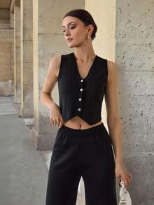 CLARA VERO Conjunto de 2 piezas de chaleco de punto con botones delanteros y pantalones de punto de unicolor para mujer, ropa de invierno, otoño - Negro - Ver 6