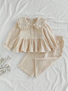 SHEIN Vintaside Kids 2 件套女婴休闲学院风翻领长袖上衣和裤子套装，适合春秋季日常穿着 - 杏色 - 查看 1