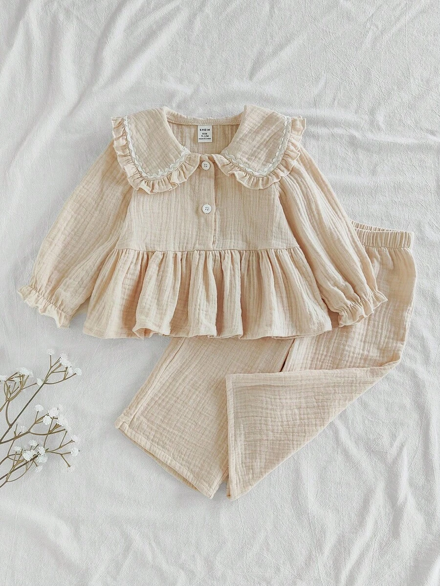 SHEIN Vintaside Kids 2 件套女婴休闲学院风翻领长袖上衣和裤子套装，适合春秋季日常穿着 - 杏色 - 查看 1