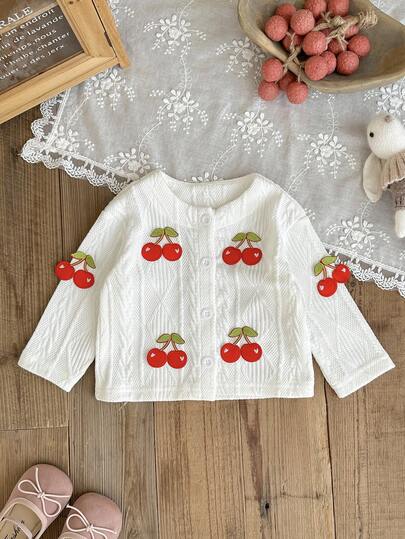 SHEIN เสื้อคาร์ดิแกนถักติดกระดุมด้านหน้าลายปักเชอร์รี่เรียบง่ายน่ารักสำหรับเด็กผู้หญิง