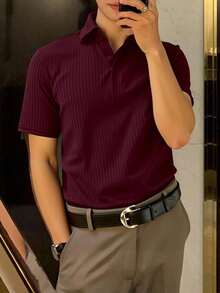 Manfinity Homme Striped Rib-Knit Burgundy Polo Shirt For Men – Regular Fit Business Style