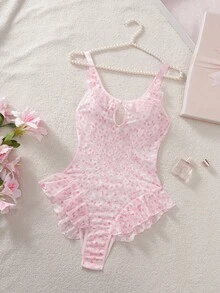 SHEIN 花卉印花前扣荷叶边连体内衣（无钢圈） - 粉色 - 查看 6