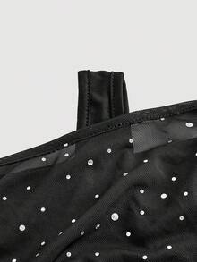 SHEIN MOD 时尚性感亮片装饰不对称领口长袖透视T恤，网纱二合一喇叭袖长袖女式上衣，西部风，复古风，70年代风格，单身派对，秋季女装，圣诞节，黑色上衣，亮片上衣，派对装，黑色上衣，闪光上衣 - 黑色 - 查看 5