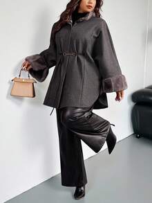 Firerie Plus Size Elegant Furry Collar Patchwork Dark Grey Casual Cloak Style Overcoat, Suitable For Home, Office, Outdoor, Cuff Fur Trim Elegant Commute & Date, Refined Afternoon Tea, Autumn/Winter/ Elegant Overcoat With Drawstring Waist Belt / Autumn And Winter Long Sleeve Loose Fur Patchwork Office Wear Coat Fall