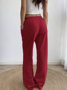 Sunnyshic 灰色 87 刺绣低腰腰带撞色罗纹抽绳系带斜口袋直腿宽松休闲运动裤，适合居家、日常穿着、复古运动、极简设计、春夏 - 酒紅色 - 查看 2