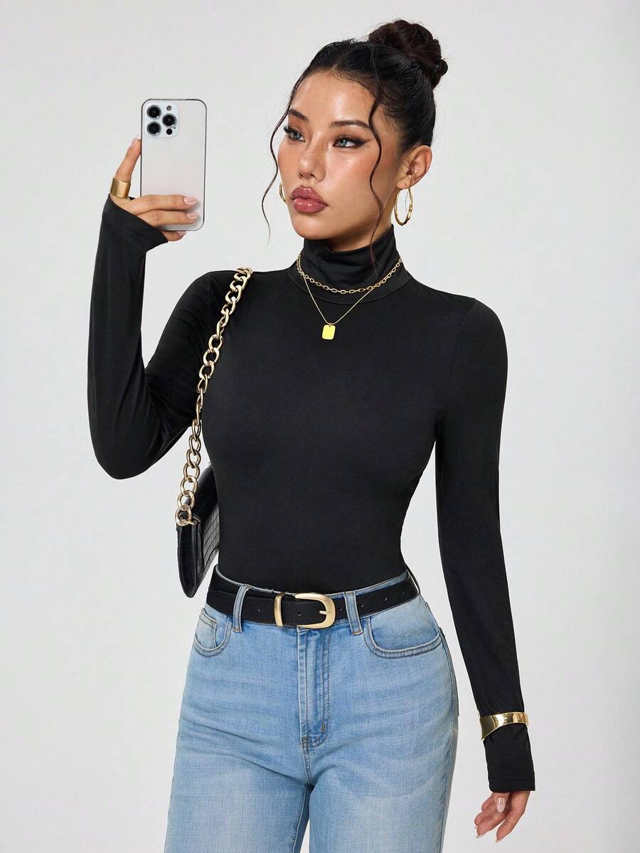 INAWLY High Neck Slim Fit Basic Tee Fall Cloth For Women - Black - View 1