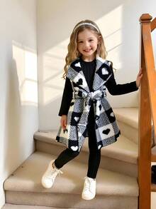 SHEIN Elladie kids 年轻女孩心格子蓬松翻领无袖夹克，圆领长袖 T 恤和裤子休闲装，秋冬秋季服装 - 黑色 - 查看 1