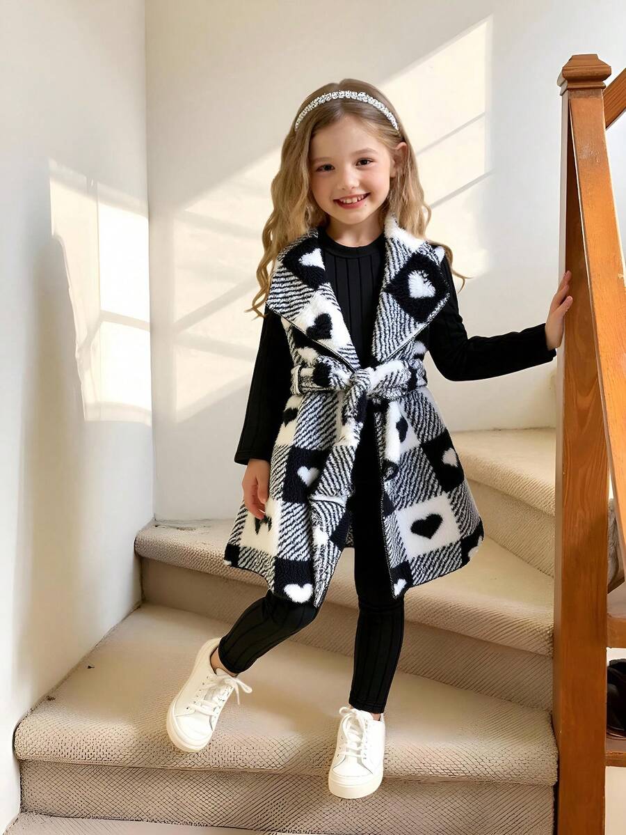 SHEIN Elladie kids 年轻女孩心格子蓬松翻领无袖夹克，圆领长袖 T 恤和裤子休闲装，秋冬秋季服装 - 黑色 - 查看 1