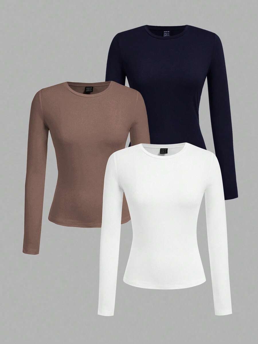 SHEIN EZwear 3件套女士黑色、棕色、白色圆领休闲修身长袖T恤套装,适合秋冬季穿着 - 彩色 - 查看 1