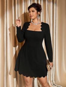 Cravure Christmas Plus Size Shell Trim Square Neck Elegant Mini Dress - Black - View 1