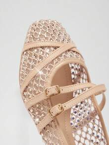 Solezae 女士休闲优雅方头舒适水钻网眼芭蕾平底鞋 - 米色 - 查看 6