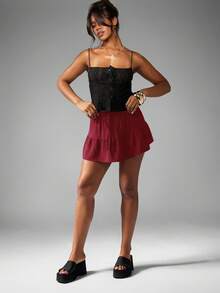 MISSGUIDED 层叠亚麻质感迷你裙 A字高腰夏季节日伞裙飘逸喇叭下摆沙滩假日派对休闲短裙圣诞节 - 酒紅色 - 查看 6