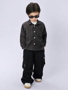 儿童/年轻男孩百搭休闲日常百搭舒适灯芯绒领宽松长袖纯色梭织衬衫，适合学校、花园、海滩、生日、春季、夏季、秋季、冬季