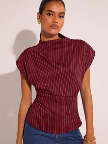 COSMINA 女士条纹印花褶皱领优雅衬衫 红色上衣 - 酒紅色 - 查看 3